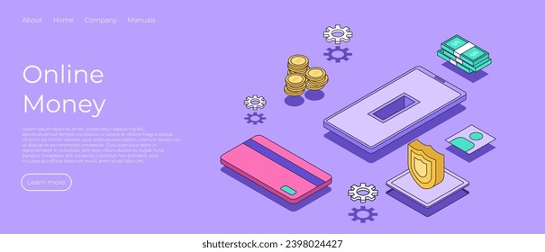 Personal online banking and internet money transaction. Online Mobile Banking and Internet banking isometric design concept. Financial management online service accumulation and investment of funds