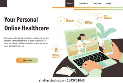 Personal online healthcare concept with doctor doing a consultation. Landing modern page template vector illustration. - Vector