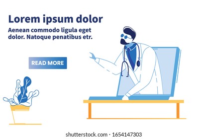 Personal Online Medical Consultation. Cartoon Doctor Character in Uniform on Flat Laptop Screen Prescribes Treatment. Telemedicine Advertising Banner. Healthcare Application. Vector Illustration
