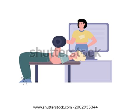 Personal online sport training, flat cartoon vector illustration isolated on white background. Online fitness workout with personal trainer, instructor or coach.