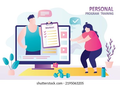 Personal online trainer monitors plump girl training. Overweight woman engaged in individual workout program. Fat female character doing squats under control of instructor. Coach on display screen.