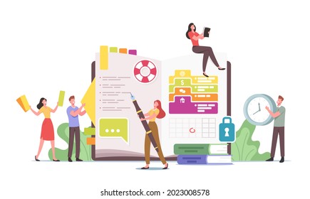 Concepto de organizador personal. Pequeños caracteres en enormes notas de escritura de diarios, acuerdos de planificación, relleno de lista de tareas pendientes, colocar etiquetas y imágenes, fecha redonda en el calendario. Ilustración de vectores de personas de caricatura