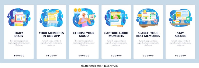 Personal organizer mobile app, note taking, record audio, task management, private memories. Mobile app onboarding screens. Vectortemplate for website mobile development. Web site design illustration.