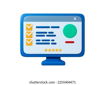 Página personal con icono de revisión 3d. Prueba o encuesta, retroalimentación cinco estrellas sobre el trabajador profesional o producto. Círculo avatar, marcas correctas en la pantalla del ordenador vectorial