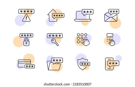 Personal passwords set icon. Warning sign, home, laptop, email, lock, enter, hand, bank card, folder, shield, phone. Technology concept. Vector line icon for Business and Advertising.