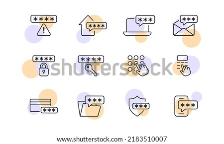 Personal passwords set icon. Warning sign, home, laptop, email, lock, enter, hand, bank card, folder, shield, phone. Technology concept. Vector line icon for Business and Advertising.