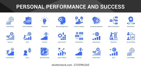Personal Performance And Success Cohesive set of minimalist vector icons representing key ideas with visual clarity