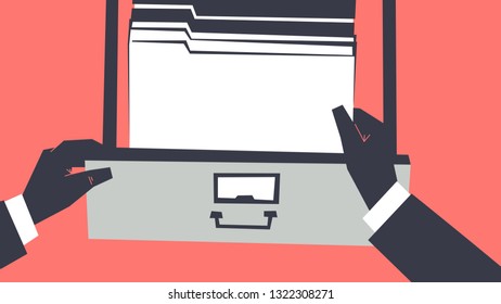 Personal perspective view of hands wearing gloves and searching for the files into cabinet drawer. Retro style illustration. Clipping mask used. Animated version is in my Videos.