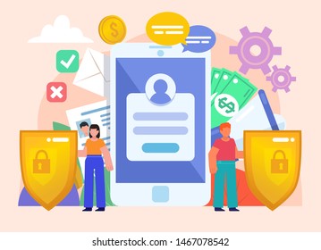Personal phone data protection, security, safety. People stand near big phone, shield. Flat design vector illustration. Poster for social media, web page, banner, presentation