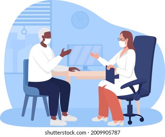 Personal physician appointment 2D vector isolated illustration. Receiving healthcare service flat characters on cartoon background. Discussing personal matters with doctor colourful scene