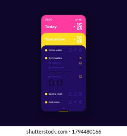 Personal planner app smartphone interface vector template. Mobile app page night mode design layout. Daily to do list screen. Flat UI for application. Organized checklist on phone display