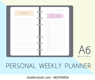 Personal planner. To do list. Page for notes. Two pages inserts to print. Vector template A6