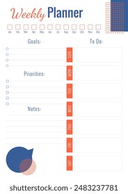 Personal planner page template with place for text. Vertical A4 format weekly plan
