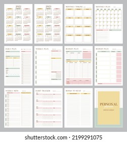 Personal planner page templates with calendar and cover. Vertical A4 format daily, weekly, monthly plan. Budget organization. Calendar 12 monthes 2022-2023 yers. Vector graphic set for daily routine