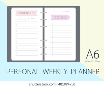 Personal planner. Shopping list. To do list. Two pages inserts to print. Vector template A6