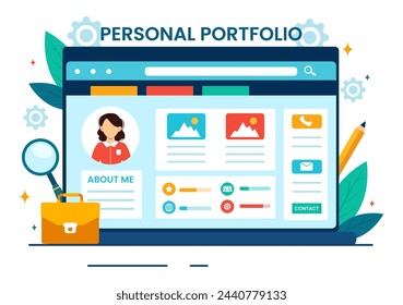 Illustration vectorielle personnelle du portfolio avec données de profil, reprise ou amélioration de soi pour attirer les clients et les employeurs sur fond de dessin animé à plat