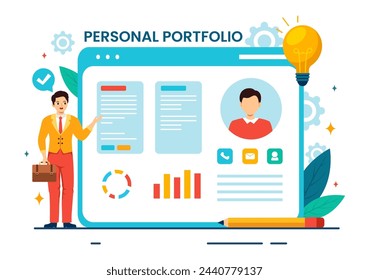 Personal Portfolio Vector Illustration with Profile Data, Resume or Self Improvement to Attract Clients and Employers in Flat Cartoon Background