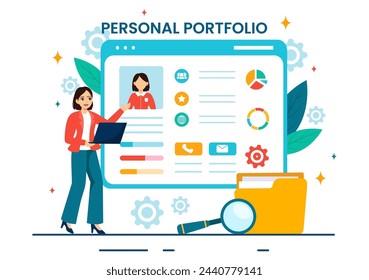 Personal Portfolio Vector Illustration with Profile Data, Resume or Self Improvement to Attract Clients and Employers in Flat Cartoon Background