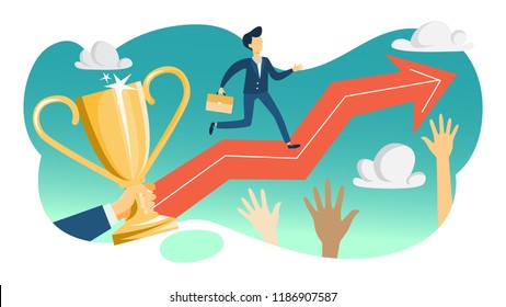 Personal potential concept. Idea of training and motivation, self improvement. Career growth. Man running on the arrow pointing up. Flat vector illustration