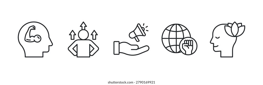Personal Power and Executive Presence Framework icon line illustration. Inner Strength, Confidence Boost, Empowered Voice, Strong Presence and Calm Composure