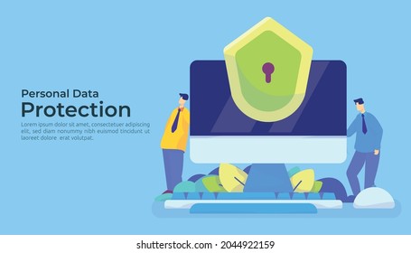 Personal privacy data protection and cyber security concept with characters and PC background. Secure information management vector illustration design for landing page web, infographics, hero images