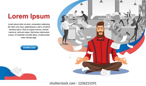 Personal Productivity in Business Online Service Cartoon Vector Horizontal Web Banner with Businessman Meditating in Noisy Office Illustration. Stress Relief Course for Company Employee Landing Page