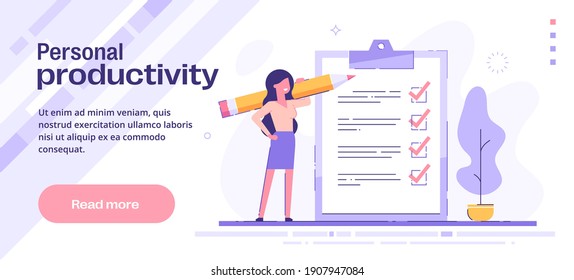 Personal productivity, efficiency and time management concept. Personal growth,  personal development, successful career. Vector template for web banner.