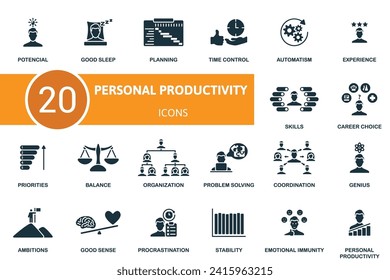 Persönliche Produktivitätssymbole gesetzt. Kreative Symbole: Potenzial, guter Schlaf, Planung, Zeiterfassung, Automatisierung, Erfahrung, Fertigkeiten, Karrierewahl und mehr
