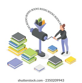 Personal productivity isometric composition with woman character passing through grinder a lot of books vector illustration