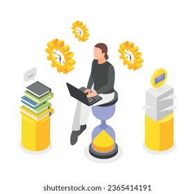 Personal productivity isometric design concept with woman sitting on large hourglass surrounded by stacks of books vector illustration