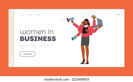 Personal Productivity Landing Page Template. Effective Business Woman Managing Multiple Tasks. Multitasking, Time Management, Busy Girl With Many Hands At Work. Cartoon People Vector Illustration