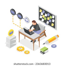 Personal productivity and multitasking isometric vector illustration with woman working at office on laptop near board with memos