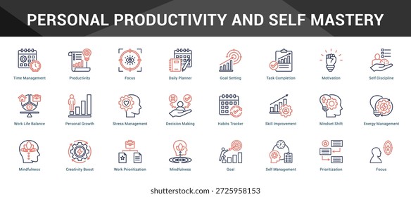 Personal Productivity And Self Mastery Cohesive set of minimalist vector icons representing key ideas with visual clarity