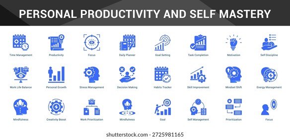 Personal Productivity And Self Mastery Cohesive set of minimalist vector icons representing key ideas with visual clarity