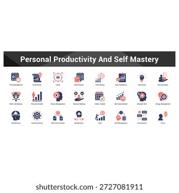 Productividad personal y autodominio Conjunto coherente de iconos vectoriales minimalistas que representan ideas clave con claridad visual