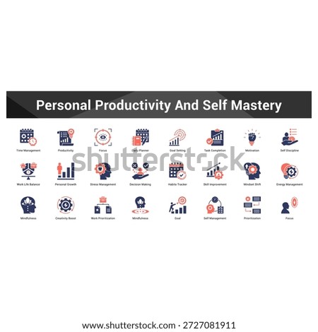 Personal Productivity And Self Mastery Cohesive set of minimalist vector icons representing key ideas with visual clarity