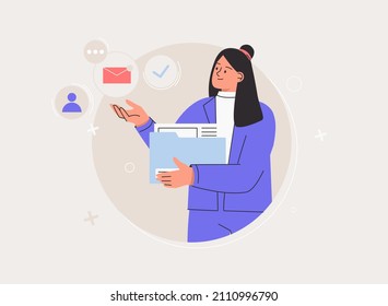 Personal productivity and task management. Business woman holds documents folder, icons set. Newsletter digital promotion, email marketing, time management.