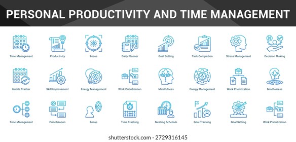 Personal Productivity And Time Management Cohesive set of minimalist vector icons representing key ideas with visual clarity