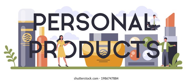 Personal products typographic header. Washing supplies and cleaning materials for bathroom and self care production. Flat vector illustration