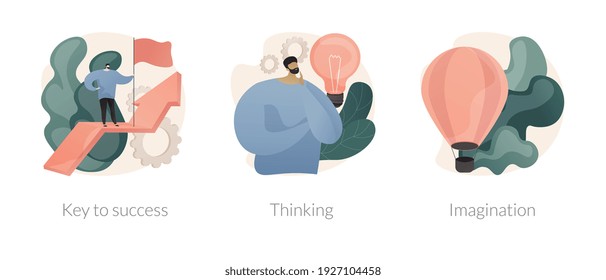 Personal and professional growth abstract concept vector illustration set. Key to success, thinking and imagination, brainstorming, idea and fantasy, motivation and inspiration abstract metaphor.