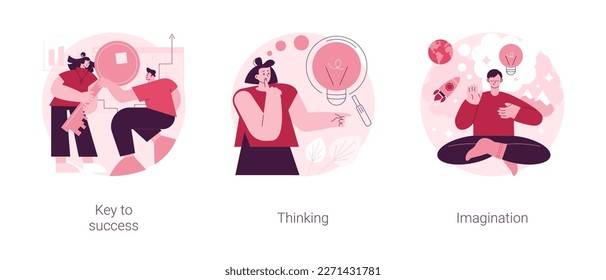 Personal and professional growth abstract concept vector illustration set. Key to success, thinking and imagination, brainstorming, idea and fantasy, motivation and inspiration abstract metaphor.