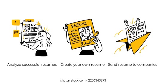 Personal, professional growth and self development business concept illustrations. Analyze resumes, Create your own resume, Send cv to companies. Visual stories collection