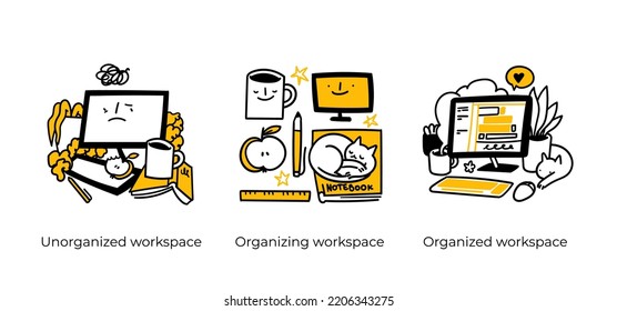 Personal, Professional Growth And Self Development Business Concept Illustrations. Unorganized Workspace, Organized Workspace. Visual Stories Collection