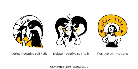 Personal, professional growth and self development business concept illustrations. Notice negative self-talk, Positive affirmations. Visual stories collection