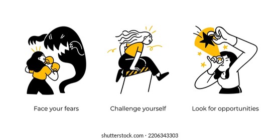 Personal, professional growth and self development business concept illustrations. Face your fears, Challange yourself, Look for opportunities. Visual stories collection