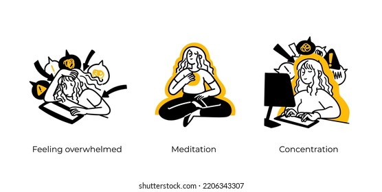 Personal, professional growth and self development business concept illustrations. Feeling overwhelmed, Meditation, Concentration. Visual stories collection