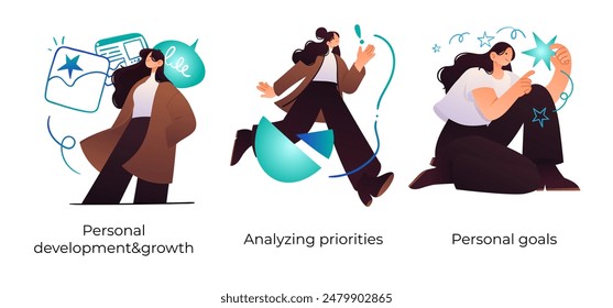 Personal, professional growth and self development - set of business concept illustrations. Visual stories collection