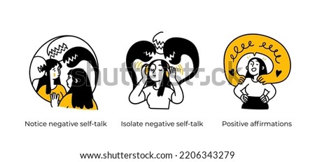 Personal, professional growth and self development business concept illustrations. Notice negative self-talk, Positive affirmations. Visual stories collection