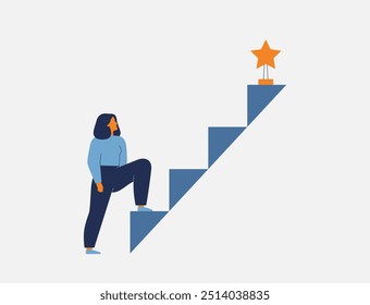 Personal and professional growth. Woman raising up the career ladder and scoring business goal. Concept of motivation for development, success and achievement. Vector illustration