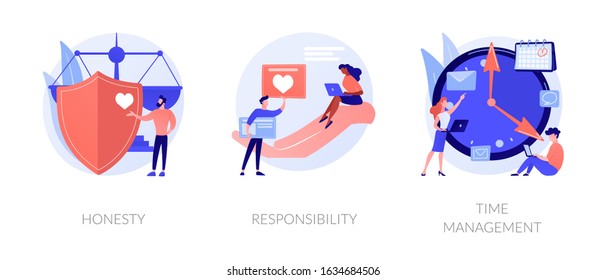 Personal and professional skills icons set. Honesty, responsibility, time management metaphors. Personnel training, employee coaching. Vector isolated concept metaphor illustrations.